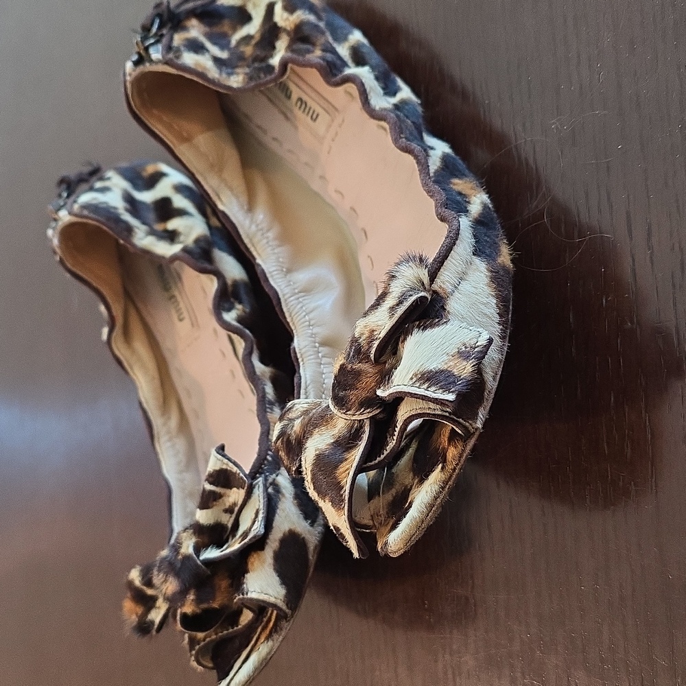 Miu Miu Open-Toe Leopard Pony Hair Ballet Flats, 7.5